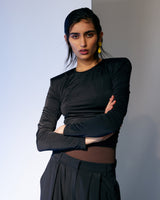 TIBI Micro Jersey Shoulderpad Fitted Crewneck Top - Black SzM