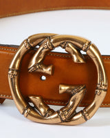 GUCCI Bamboo Leather Belt - Brown Antique Rose Gold SzM