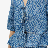 GANNI Denim Flounce Tie Blouse - Mid Blue Sz38 NZ10