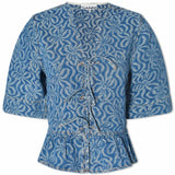 GANNI Denim Flounce Tie Blouse - Mid Blue Sz38 NZ10