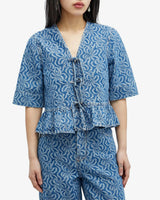 GANNI Denim Flounce Tie Blouse - Mid Blue Sz38 NZ10