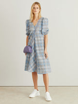 GANNI  Seersucker Check Puff-sleeve Midi Dress - Heather Blue Sz40 NZ12/14