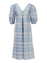 GANNI  Seersucker Check Puff-sleeve Midi Dress - Heather Blue Sz40 NZ12/14