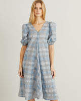 GANNI  Seersucker Check Puff-sleeve Midi Dress - Heather Blue Sz40 NZ12/14