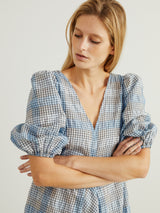GANNI  Seersucker Check Puff-sleeve Midi Dress - Heather Blue Sz40 NZ12/14