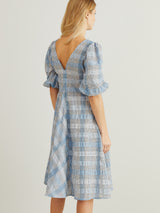GANNI  Seersucker Check Puff-sleeve Midi Dress - Heather Blue Sz40 NZ12/14