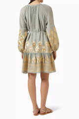 GREEK ARCHAIC KORI Phoenix Embroidered Mini Dress - Green & Gold SzM