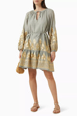 GREEK ARCHAIC KORI Phoenix Embroidered Mini Dress - Green & Gold SzM