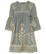 GREEK ARCHAIC KORI Feather Embroidered Mini Dress - Green & Gold SzS