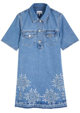 GANNI Broderie Anglaise Denim Mini Dress - Blue Sz36 NZ8