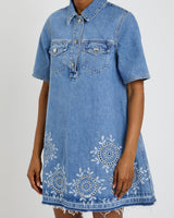 GANNI Broderie Anglaise Denim Mini Dress - Blue Sz36 NZ8