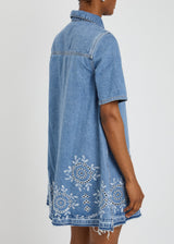 GANNI Broderie Anglaise Denim Mini Dress - Blue Sz36 NZ8