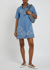GANNI Broderie Anglaise Denim Mini Dress - Blue Sz36 NZ8