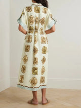 ALÉMAIS Relic Linen Midi Shirtdress - Blue Cream Sz14