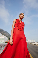 FARM RIO  3d Flower Maxi Dress - Red SzXS