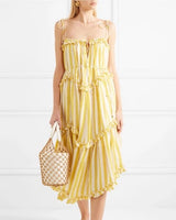 ZIMMERMANN Lumino Asymmetric Ruffled Striped Linen Midi Dress - Yellow O/S