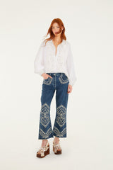 FARM RIO  Embroidered Lace Buttoned Shirt - Off White SzL