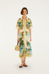 FARM RIO Royal Sea Collared Midi Dress - Off-White SzM