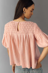 ANTROPOLOGIE Liza Linen Blend Smocked Top - Pink SzM -