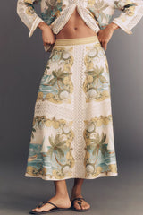 FARM RIO Royal Sea Crochet Midi Skirt  - Sand Coloured