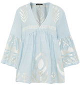 GREEK ARCHAIC KORI  Feather Embroidered Top - Blue & White SzS