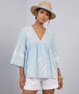 GREEK ARCHAIC KORI  Feather Embroidered Top - Blue & White SzS