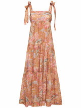 ZIMMERMANN Cira Tie Shoulder Midi Dress - Mocha Multi Flora Sz1 NZ10