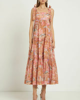 ZIMMERMANN Cira Tie Shoulder Midi Dress - Mocha Multi Flora Sz1 NZ10