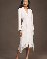 BHLDN Riley Long-Sleeve Lace Midi Blazer Dress - Ivory SzXS