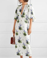 LES REVERIES Silk Satin Midi Dress - Ivory Floral US4 NZ8