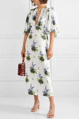 LES REVERIES Silk Satin Midi Dress - Ivory Floral US4 NZ8