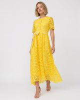 BADGLEY MISCHKA Guipure Lace Ribbon Midi Dress - Yellow SzM