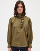CLAUDIE PIERLOT Ruffle Blouse - Khaki Sz34 NZ6