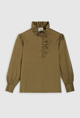 CLAUDIE PIERLOT Ruffle Blouse - Khaki Sz34 NZ6