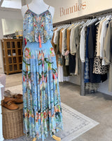 CAMILLA Shirred Waist Embellished  Silk Maxi Skirt - Pale Blue Floral SzM