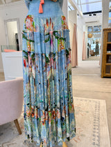 CAMILLA Shirred Waist Embellished  Silk Maxi Skirt - Pale Blue Floral SzM