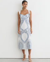 REISS Addison  Linen Midi Dress - White & Blue Sz8
