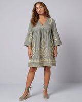 GREEK ARCHAIC KORI Feather Embroidered Mini Dress - Green & Gold SzS