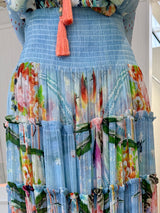 CAMILLA Shirred Waist Embellished  Silk Maxi Skirt - Pale Blue Floral SzM