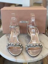 MIU MIU Glitter & Crystal-Embellished Kitten-Heel Sandals - Silver EU 39.5