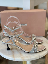 MIU MIU Glitter & Crystal-Embellished Kitten-Heel Sandals - Silver EU 39.5