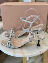 MIU MIU Glitter & Crystal-Embellished Kitten-Heel Sandals - Silver EU 39.5