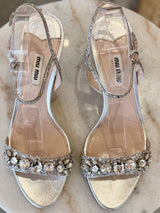 MIU MIU Glitter & Crystal-Embellished Kitten-Heel Sandals - Silver EU 39.5