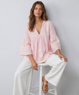 GREEK ARCHAIC KORI Feather Embroidered Top - Pink & White SzM