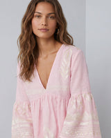 GREEK ARCHAIC KORI Feather Embroidered Top - Pink & White SzM