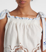 FARM RIO Daisy Embroidered Linen Blend Top - White /Blue SzS