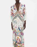 CAMILLA Silk Plumes and Parterres Long Kaftan - White SzS/M