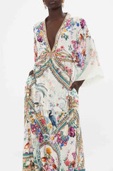CAMILLA Silk Plumes and Parterres Long Kaftan - White SzS/M