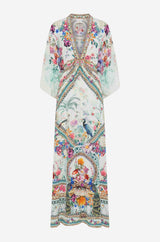 CAMILLA Silk Plumes and Parterres Long Kaftan - White SzS/M