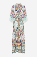 CAMILLA Silk Plumes and Parterres Long Kaftan - White SzS/M